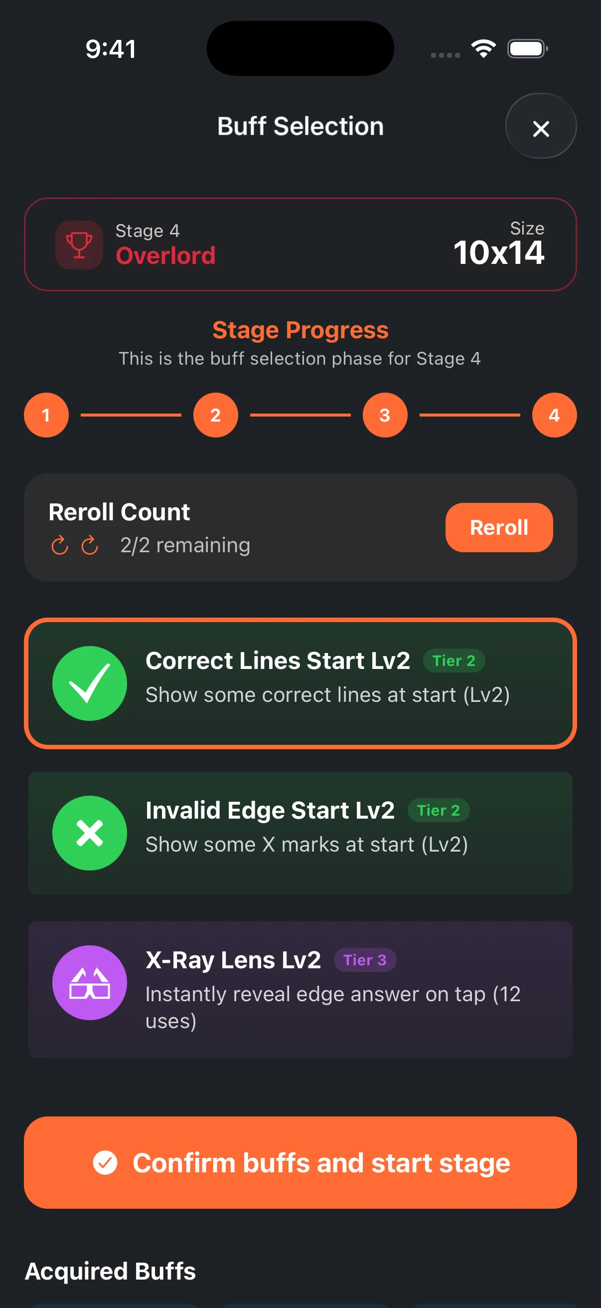 The app’s buff selection screen with three upgrades